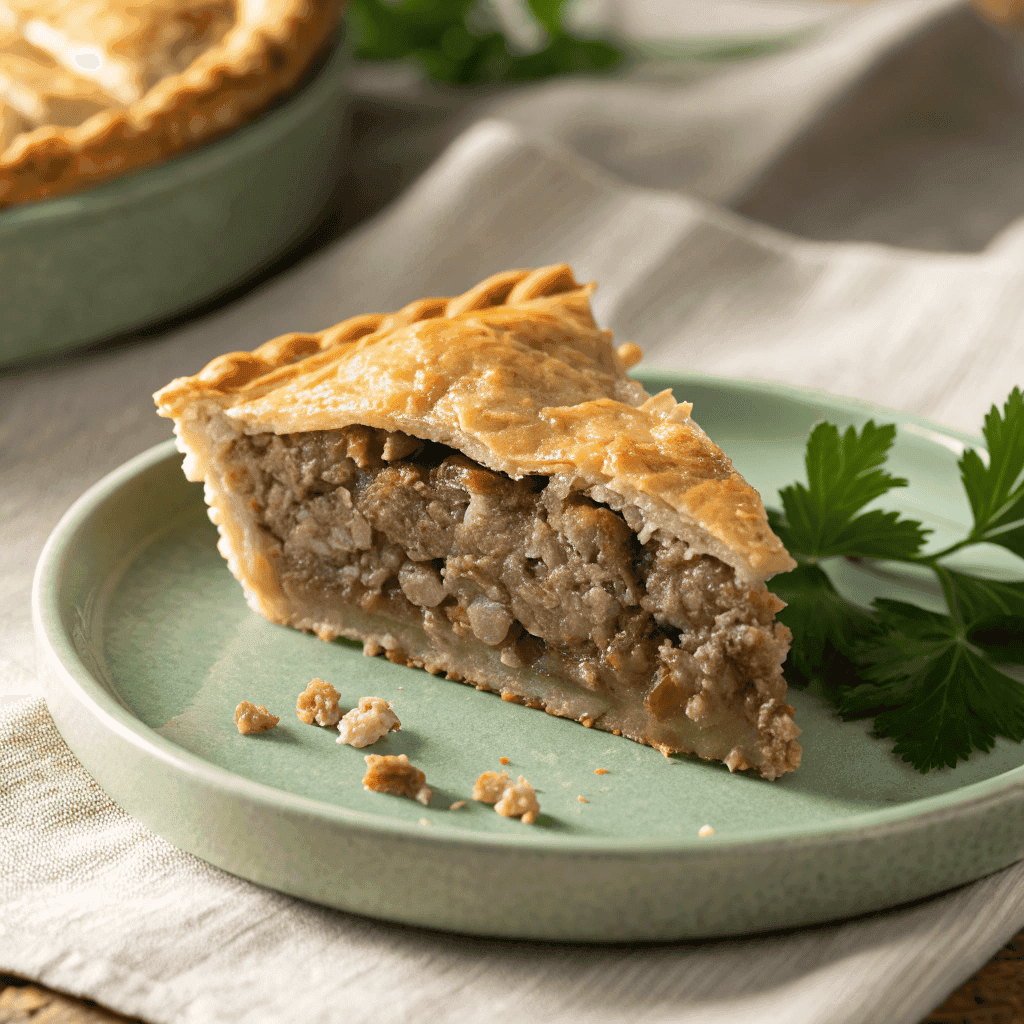Close-up of a golden slice of French Canadian meat pie on a green plate with parsley garnish.