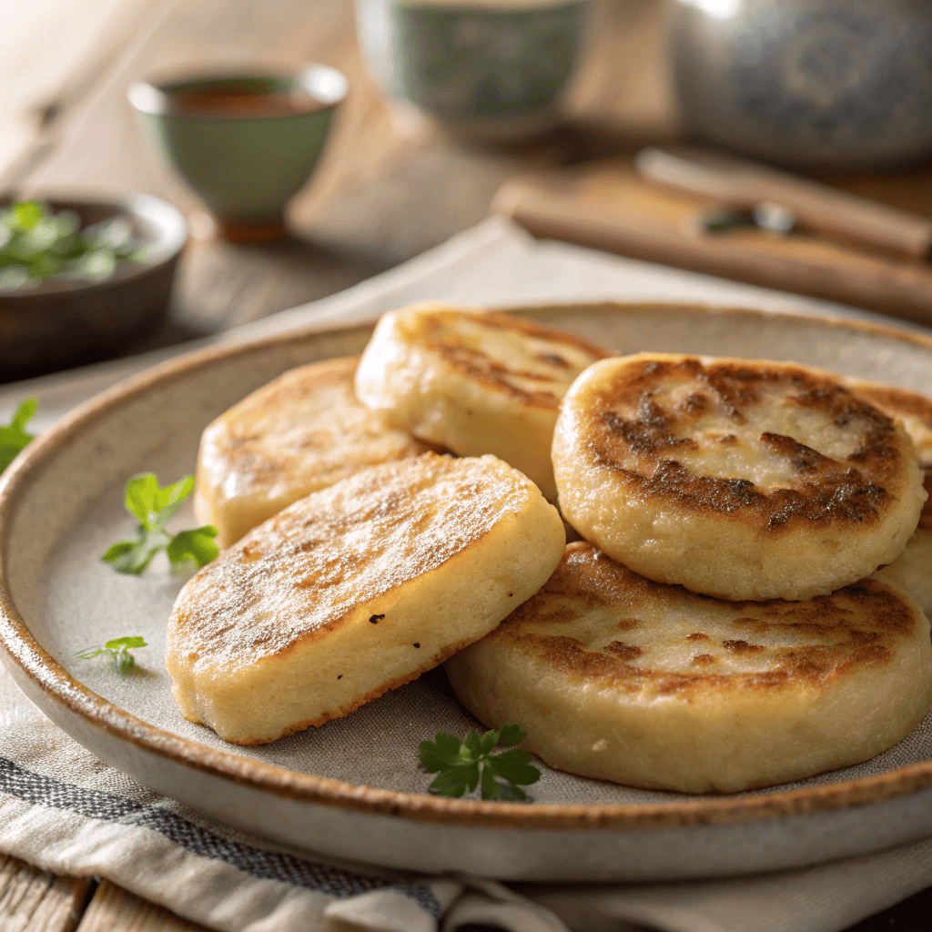 Close-up of golden-brown potato farls layered on a plate with soft interiors and crisp edges.