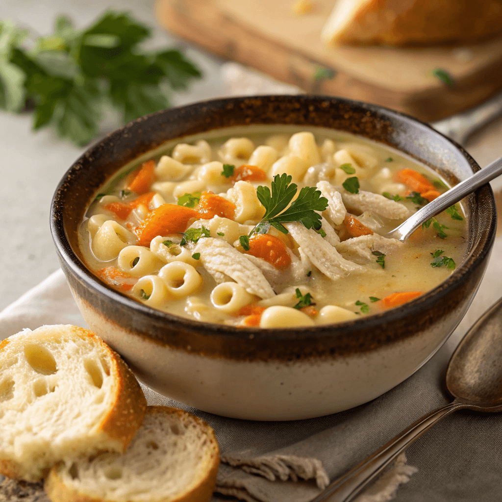 Creamy macaroni soup with carrots, pasta, and shredded chicken in a ceramic bowl topped with parsley and cheesy toast.