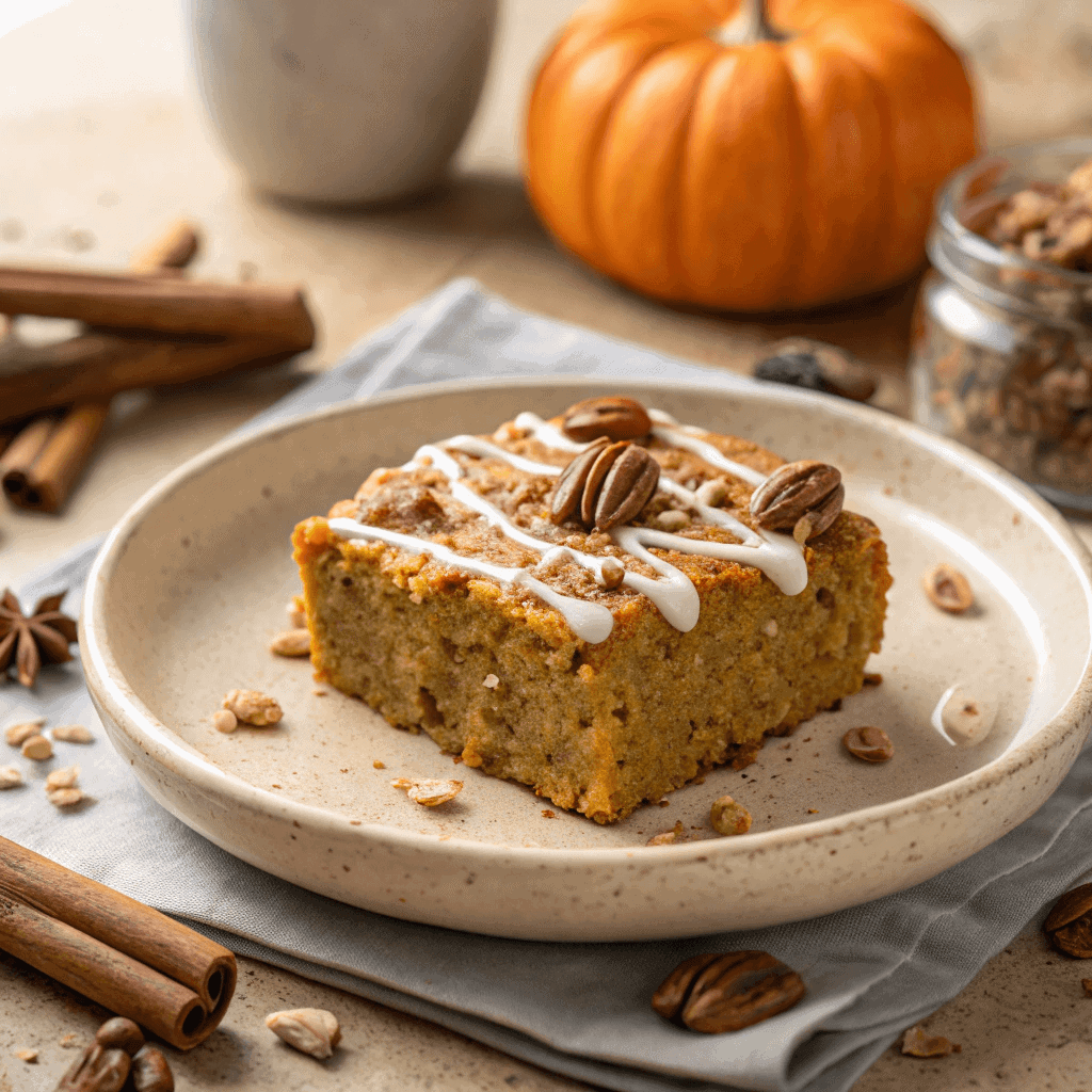 Baked Pumpkin Cream Cheese Oats: The Ultimate Cozy Fall Breakfast 1 Baked pumpkin cream cheese oats served on a white plate with icing drizzle and pecans.