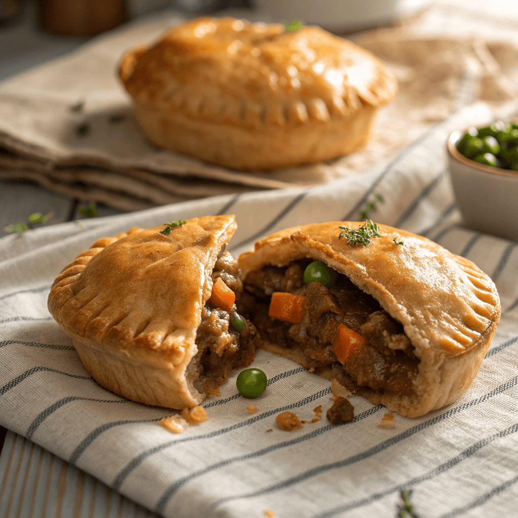 Close-up of split beef hand pies showing a flaky crust and beef, peas, and carrots inside.