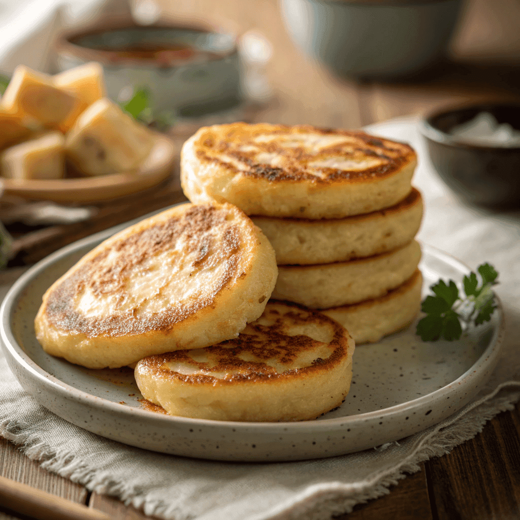 Close-up of golden-brown potato farls layered on a plate with soft interiors and crisp edges.