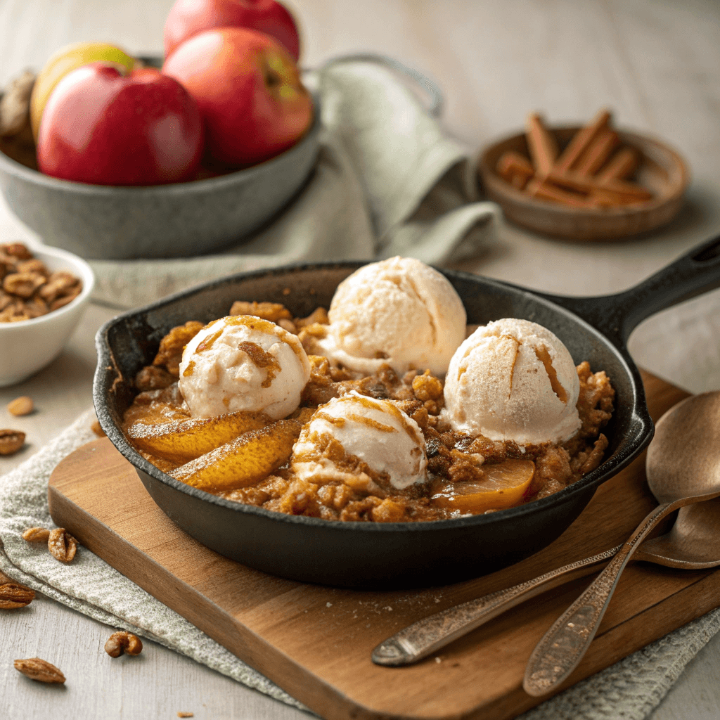 Caramel apple crisp in a cast-iron skillet topped with vanilla ice cream and drizzled caramel.
