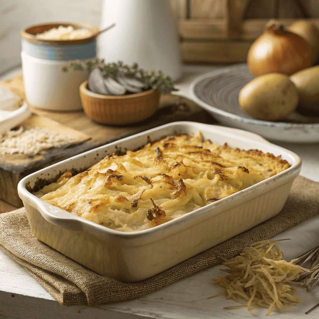 The Best Traditional Rumbledethumps Recipe 4 Close-up of a golden baked Rumbledethumps casserole with crispy cheese and cabbage texture in a rustic ceramic dish.