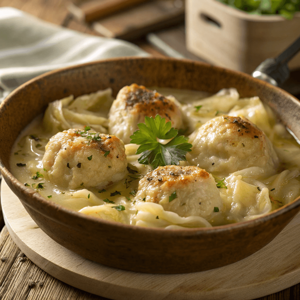 Hearty Cabbage and Dumplings: A Comfort Food Classic 3 Close-up shot of golden-browned dumplings and tender cabbage in a creamy rustic sauce, topped with fresh parsley.