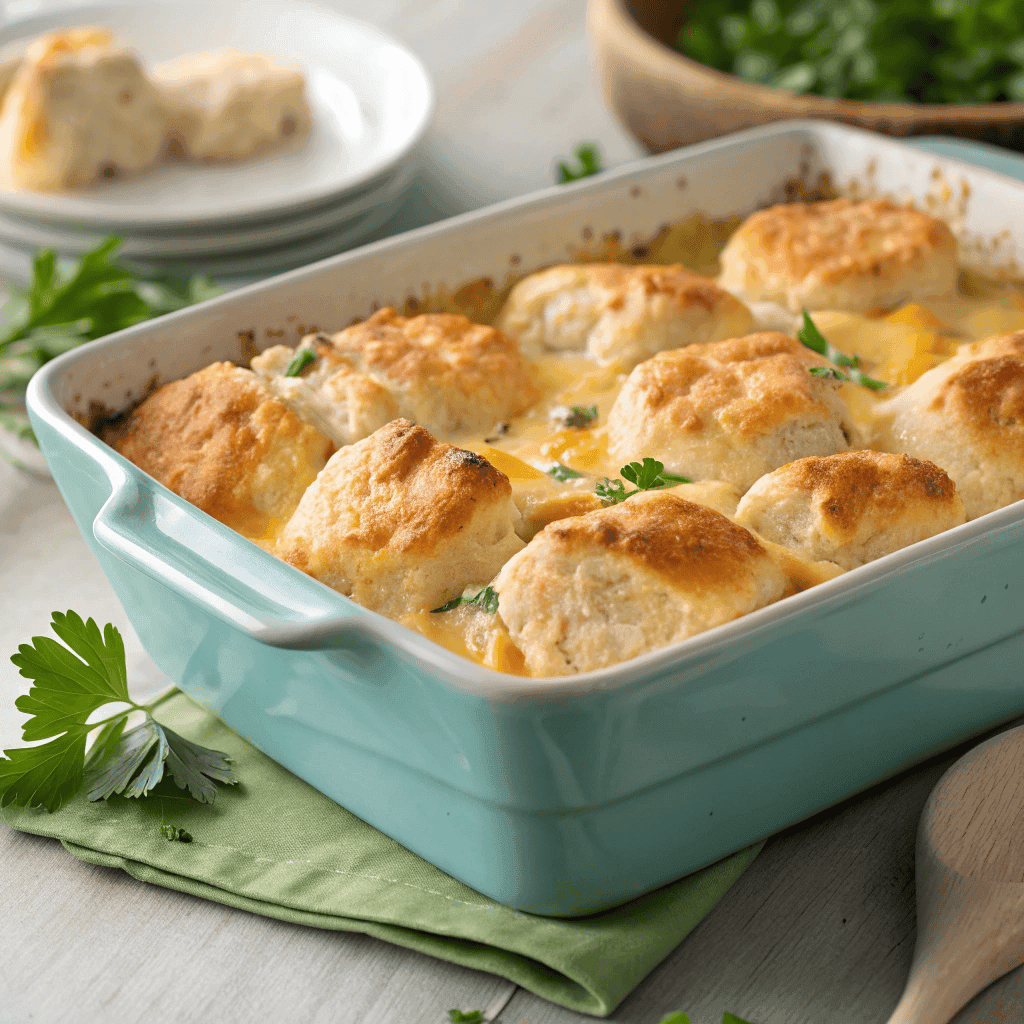 Close-up of a golden cheesy chicken bubble biscuit bake casserole topped with parsley in a blue dish.