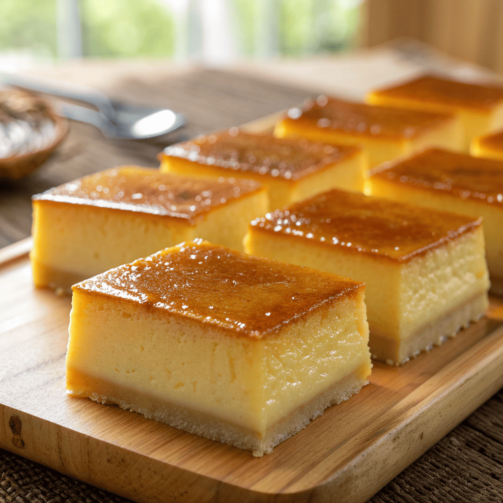 Cassava Cake Recipe for a Rich and Chewy Filipino Treat 4 Close-up of golden cassava cake squares with glossy caramelized tops and dense chewy texture.