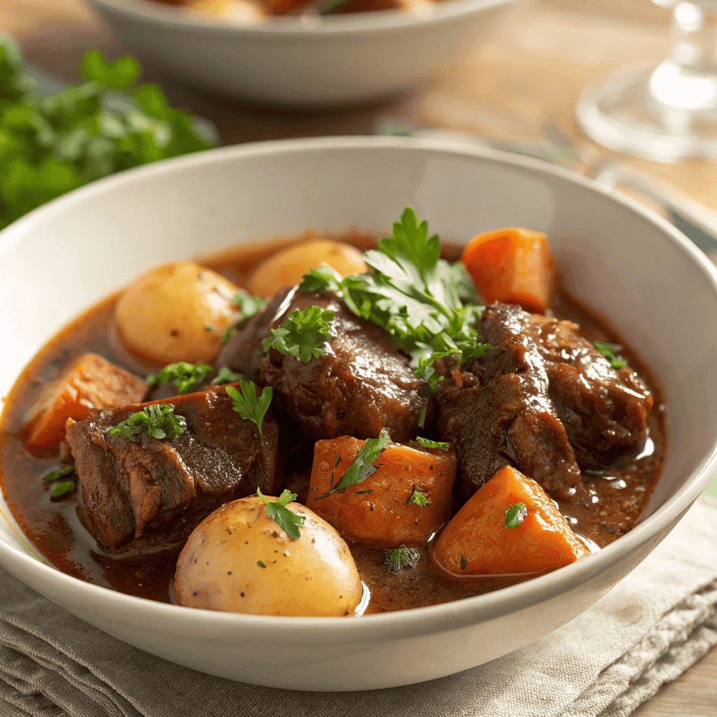 Oxtail Stew Recipe: Rich, Hearty & Fall-Off-the-Bone Tender 4 Close-up of oxtail stew with tender oxtail pieces, carrots, potatoes, and herbs in a rich brown broth.