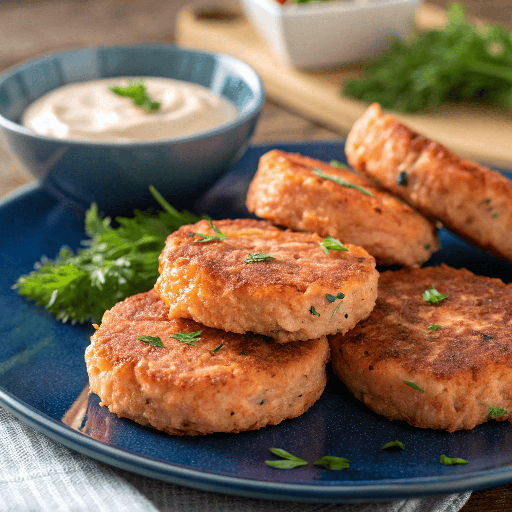 Close-up of golden crispy salmon patties with herbs and dipping sauce on a blue plate.