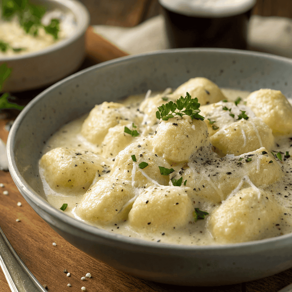 Millionaire Gnocchi with Creamy Sauce: An Indulgent & Easy Recipe 4 Close-up of millionaire gnocchi coated in a rich creamy parmesan sauce with pepper and fresh parsley.