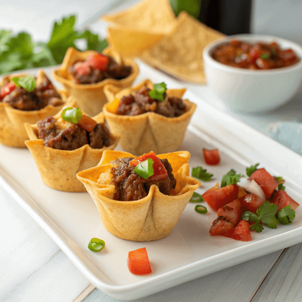 Taco ranch bites arranged on a white plate with melted cheese and fresh vegetables.