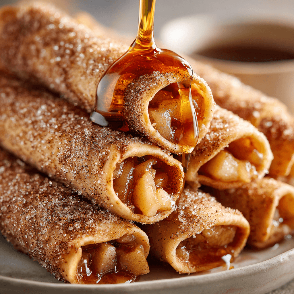 Stack of golden Apple Pie Taquitos with caramel drizzle and cinnamon sugar coating.
