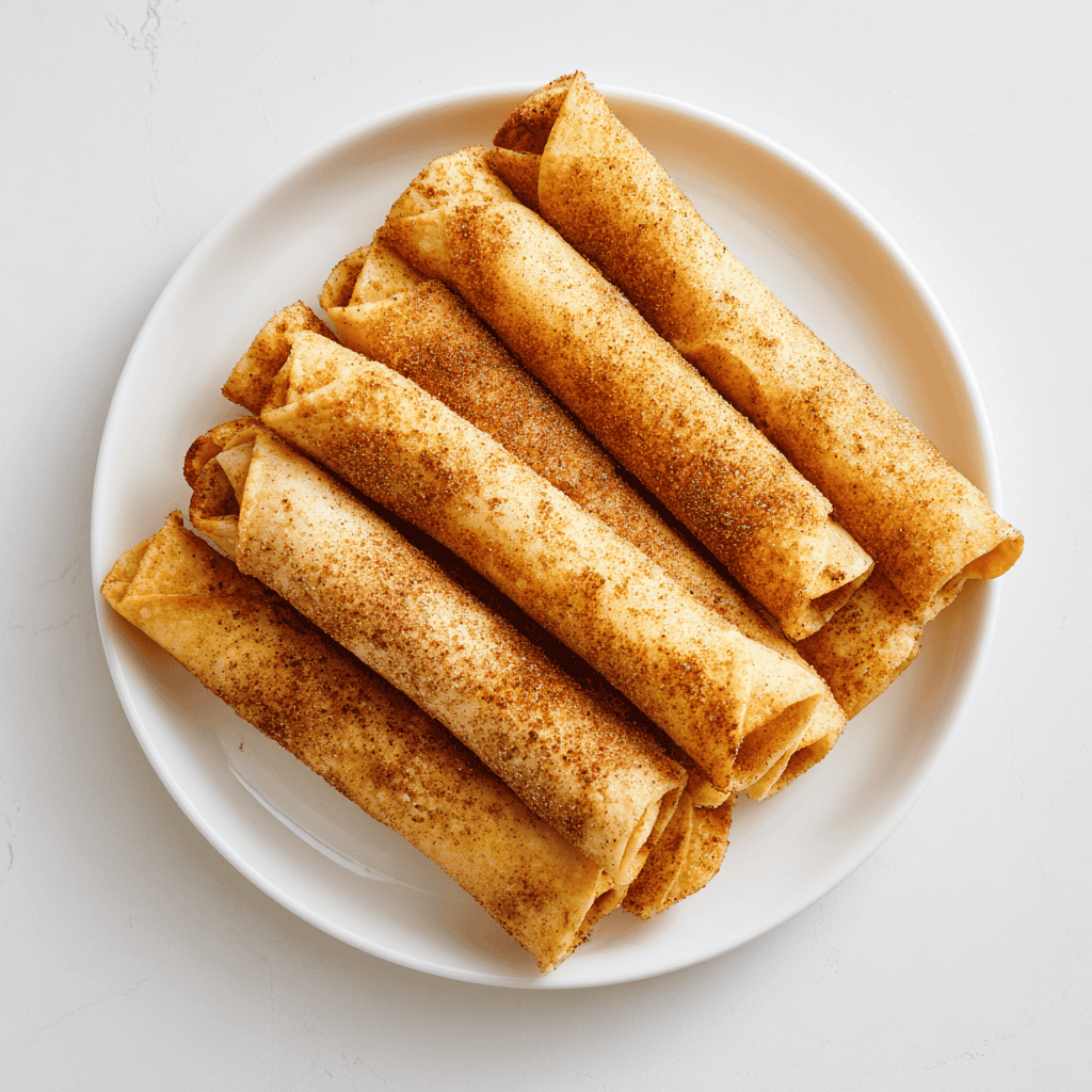 Apple Pie Taquitos on a white plate with golden cinnamon sugar coating.