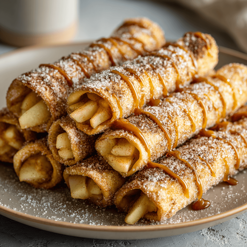 Plate of Air Fryer Apple Pie Taquitos with cinnamon sugar and apple filling.