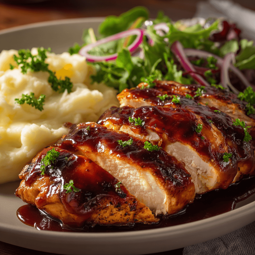 Juicy BBQ chicken breast with mashed potatoes and green salad on a plate.