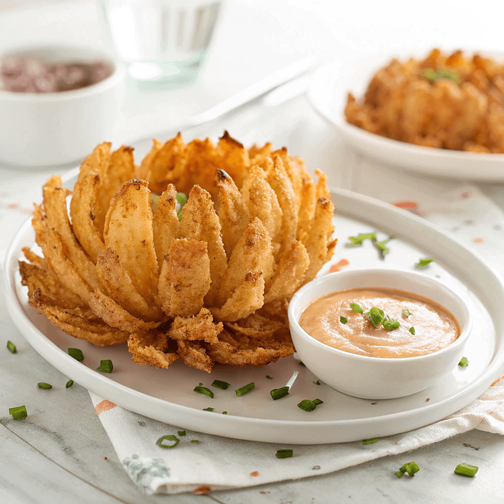 Crispy Air Fryer Blooming Onion: Your Easy Restaurant-Style Appetizer 1 Golden blooming onion served on a simple white plate.