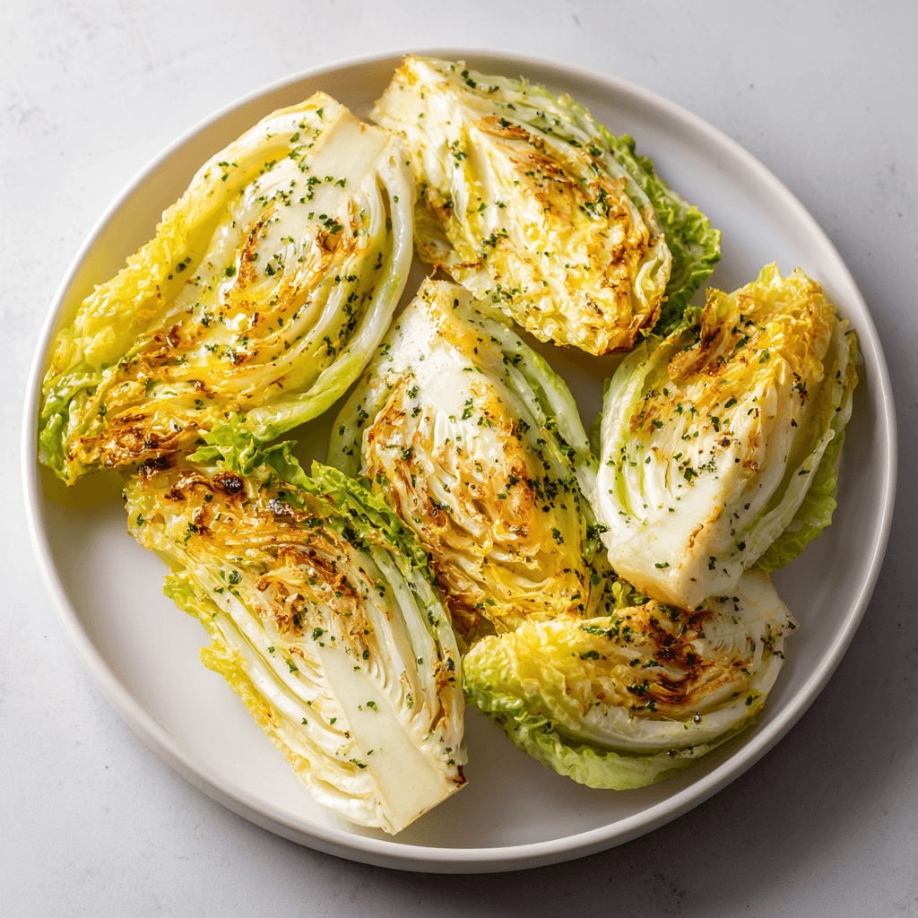Air Fryer Cabbage Wedges with Crispy Edges 1 Golden air fryer cabbage wedges on a white plate with herbs and butter.