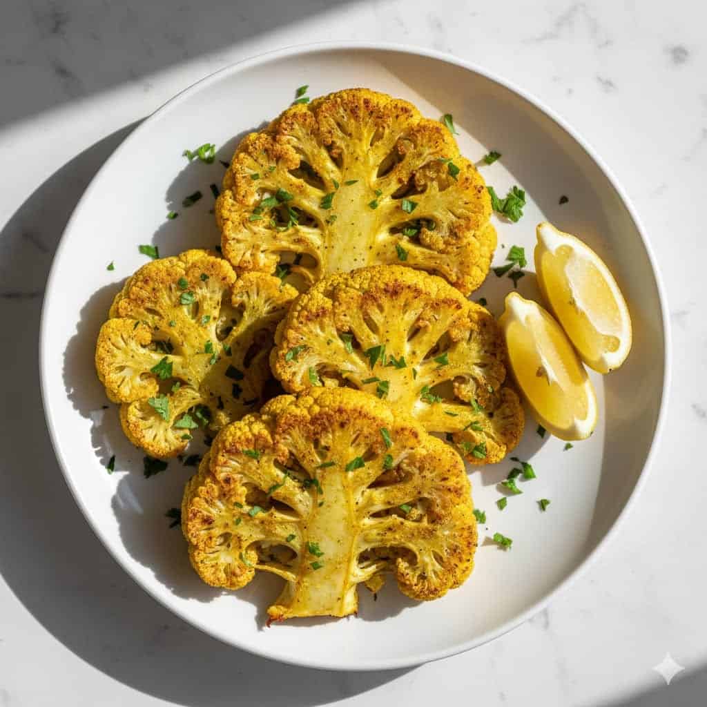 Perfect Air Fryer Cauliflower Steaks: Crispy, Tender & Flavorful 2 Crispy golden air fryer mushrooms garnished with parsley on a ceramic plate.