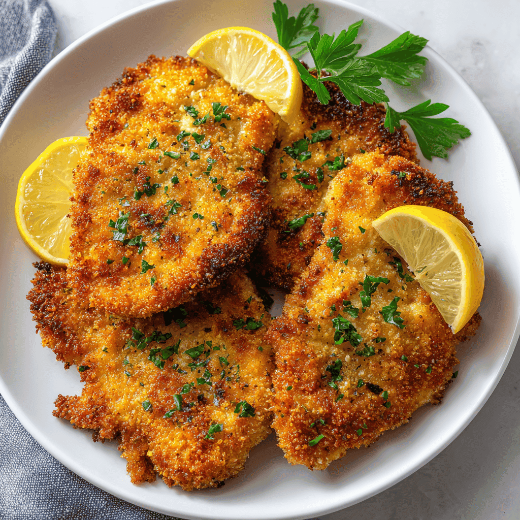 Crispy Air Fryer Chicken Cutlets - Best Chicken Cutlets Ever 2 Golden breaded air fryer chicken cutlets with lemon wedge on a white plate.