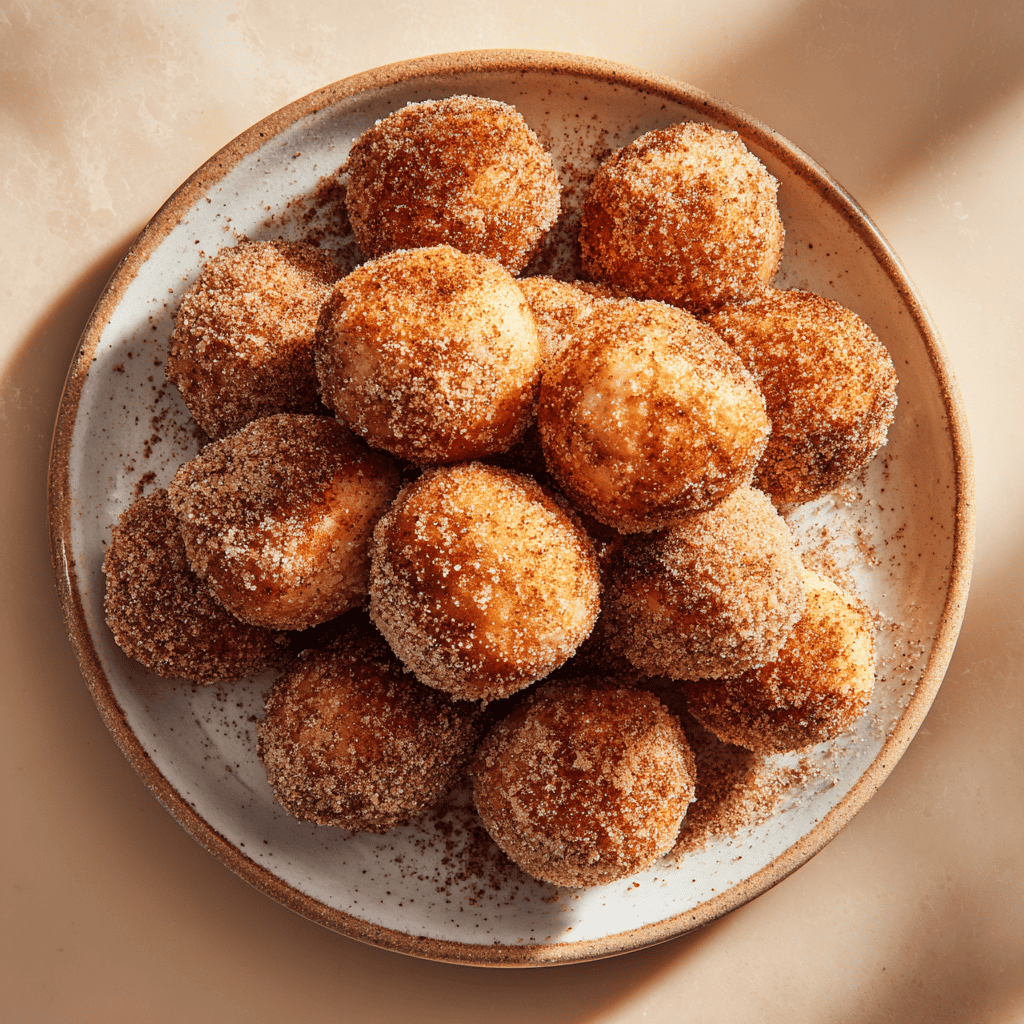 Overhead close-up of cinnamon sugar Air Fryer Donut Holes piled on a ceramic plate.