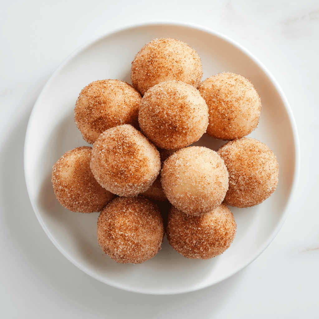 Air Fryer Donut Holes on a white plate coated in cinnamon sugar.