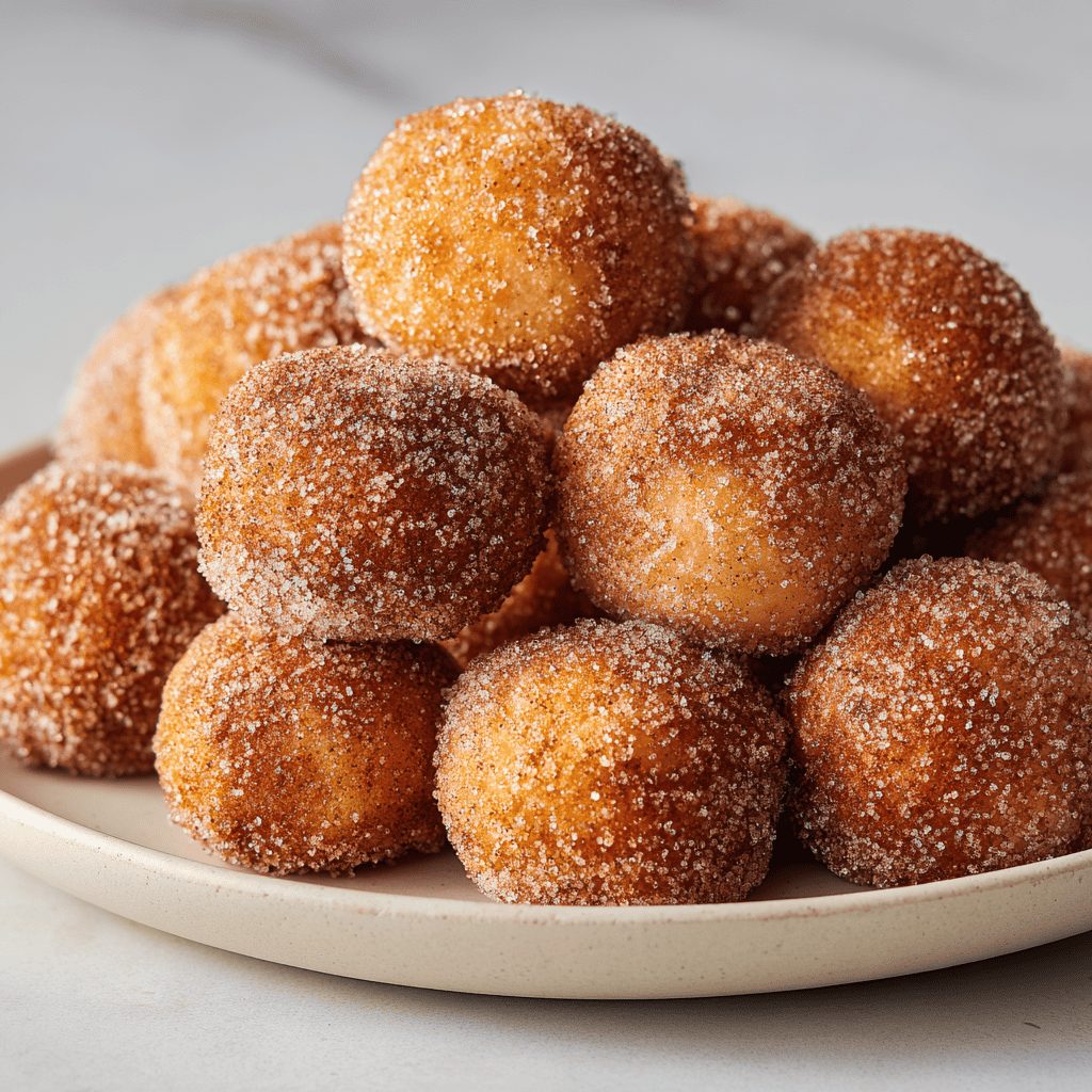 Plate of cinnamon sugar Air Fryer Donut Holes served warm.
