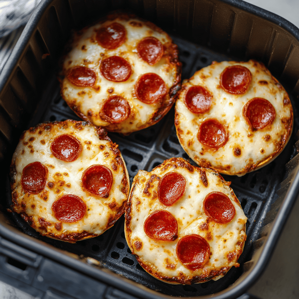 Air Fryer English Muffin Pizzas: Quick & Crispy Homemade Perfection 4 Overhead close-up of English muffin pizzas with melted cheese and pepperoni inside an air fryer basket.