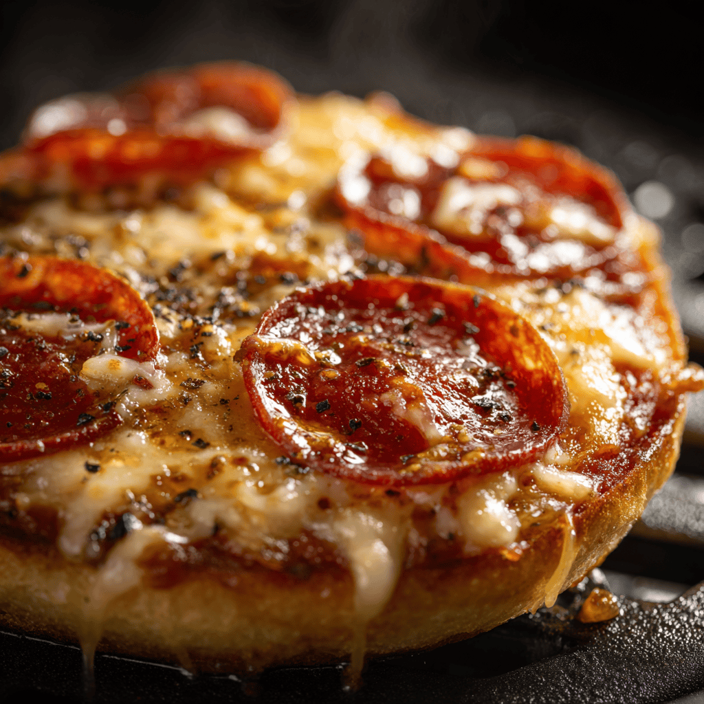 Air Fryer English Muffin Pizzas: Quick & Crispy Homemade Perfection 3 Extreme close-up of English muffin pizza showing melted cheese, pepperoni, and crispy edges.
