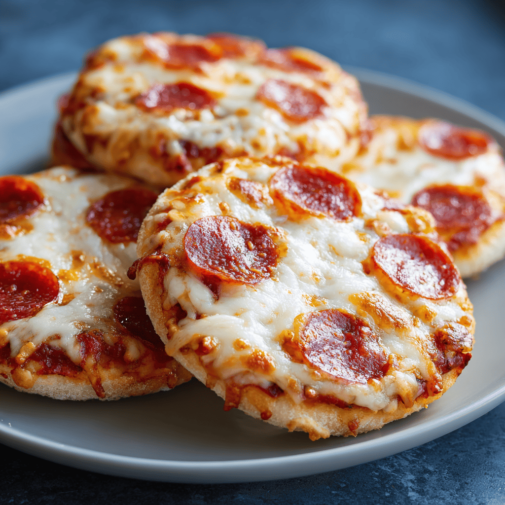 Air Fryer English Muffin Pizzas: Quick & Crispy Homemade Perfection 1 Plate of English muffin pizzas with melted cheese and pepperoni.