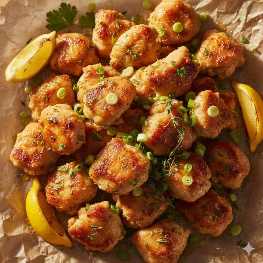 Golden air fryer lemon chicken bites garnished with green onions and lemon wedges.