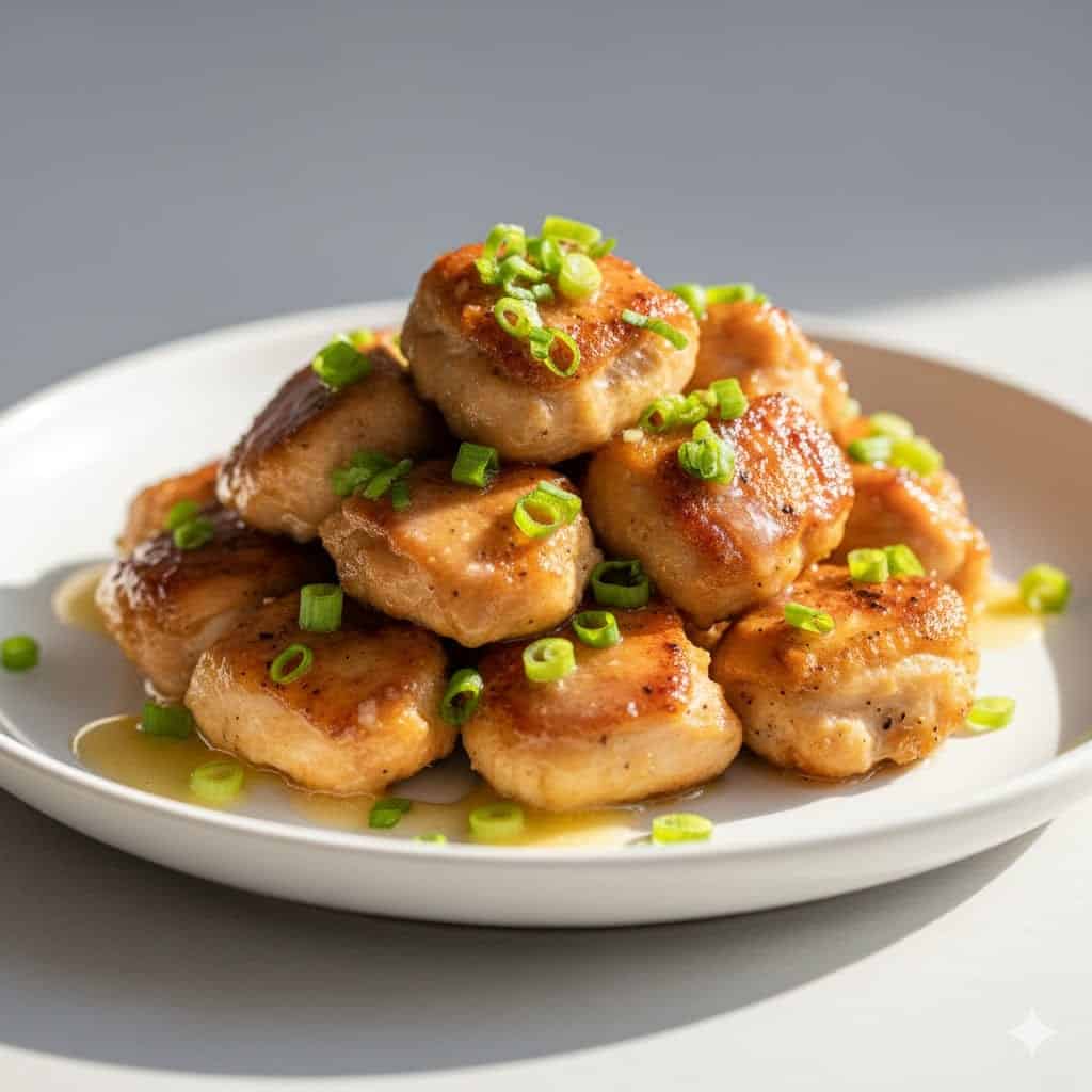 Crispy air fryer lemon chicken bites served on a white plate with lemon butter drizzle.