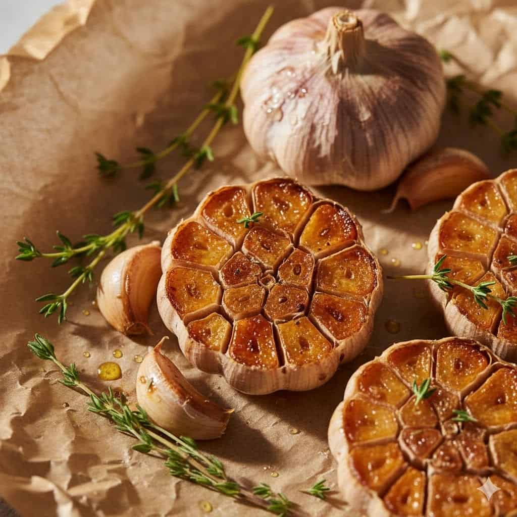 Easy Air Fryer Roasted Garlic - Must Try Healthy Treat ! 1 Golden roasted garlic bulbs with thyme on parchment paper.