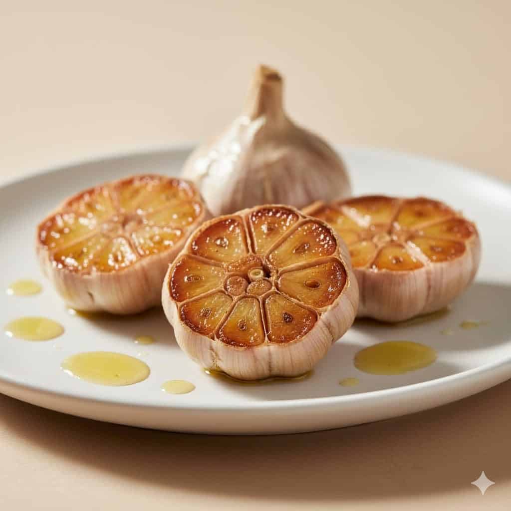 Easy Air Fryer Roasted Garlic - Must Try Healthy Treat ! 2 Roasted garlic bulbs on a white plate drizzled with olive oil.