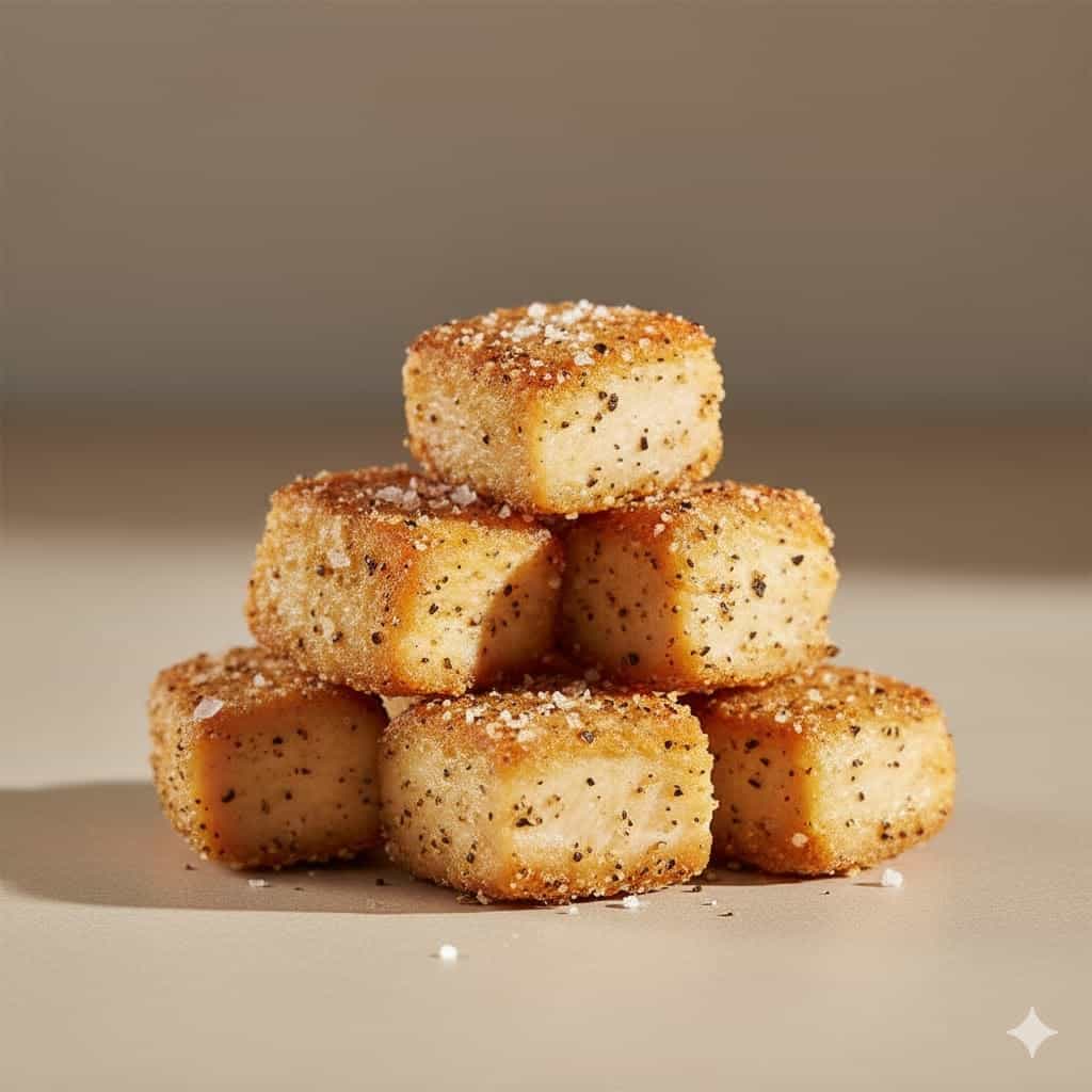 Close-up of crispy air fryer salt and pepper chicken pieces on a neutral background.