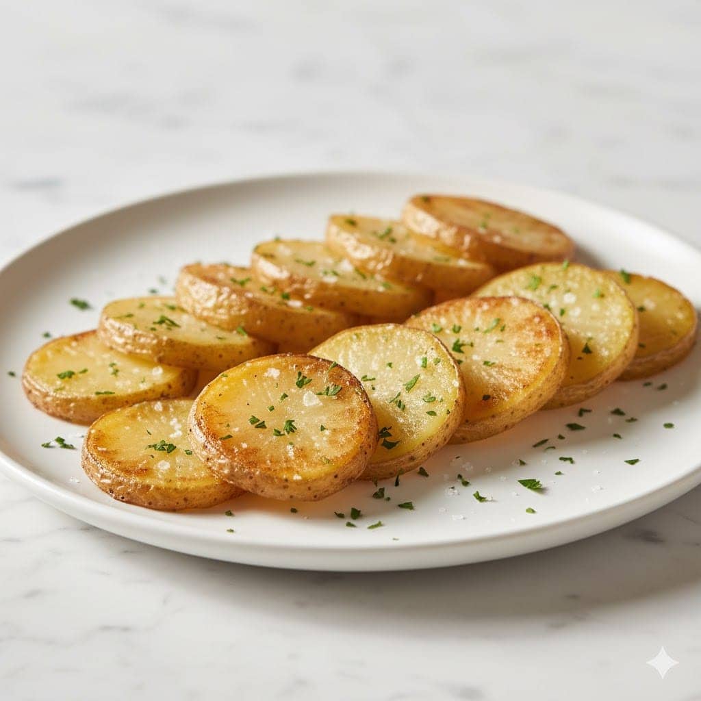 Crispy Air Fryer Sliced Potatoes: Your New Favorite Side Dish 2 Golden air fryer potato slices on a white plate with parsley and sea salt.