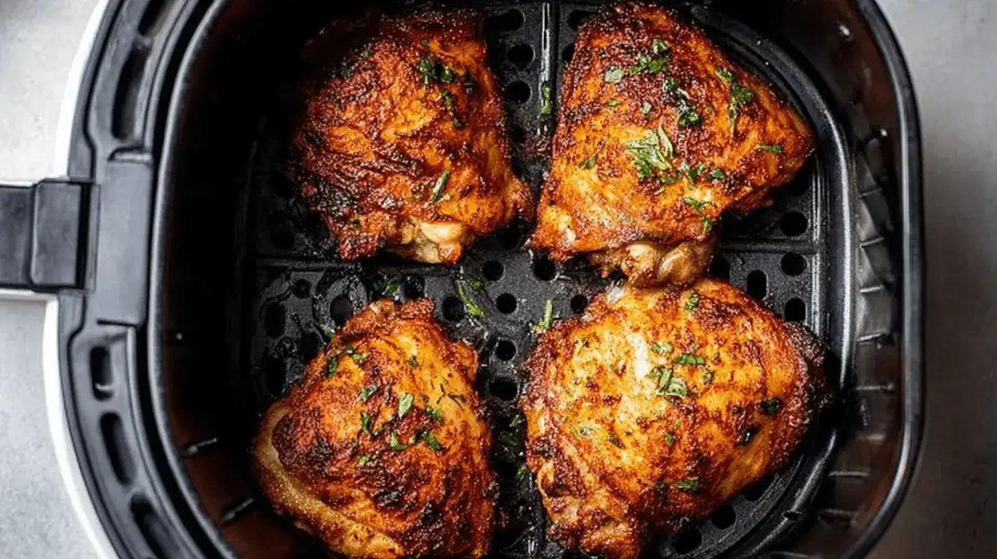 Crispy Air Fryer Chicken Thighs: Your Easy Weeknight Meal 3 Golden-brown Air Fryer Chicken Thighs with fresh herbs in a black air fryer basket.