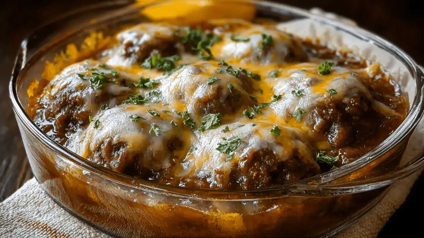 Close-up of a bubbling Amish Hamburger Steak Bake, featuring savory meat patties under melted cheese and rich sauce in a glass casserole.