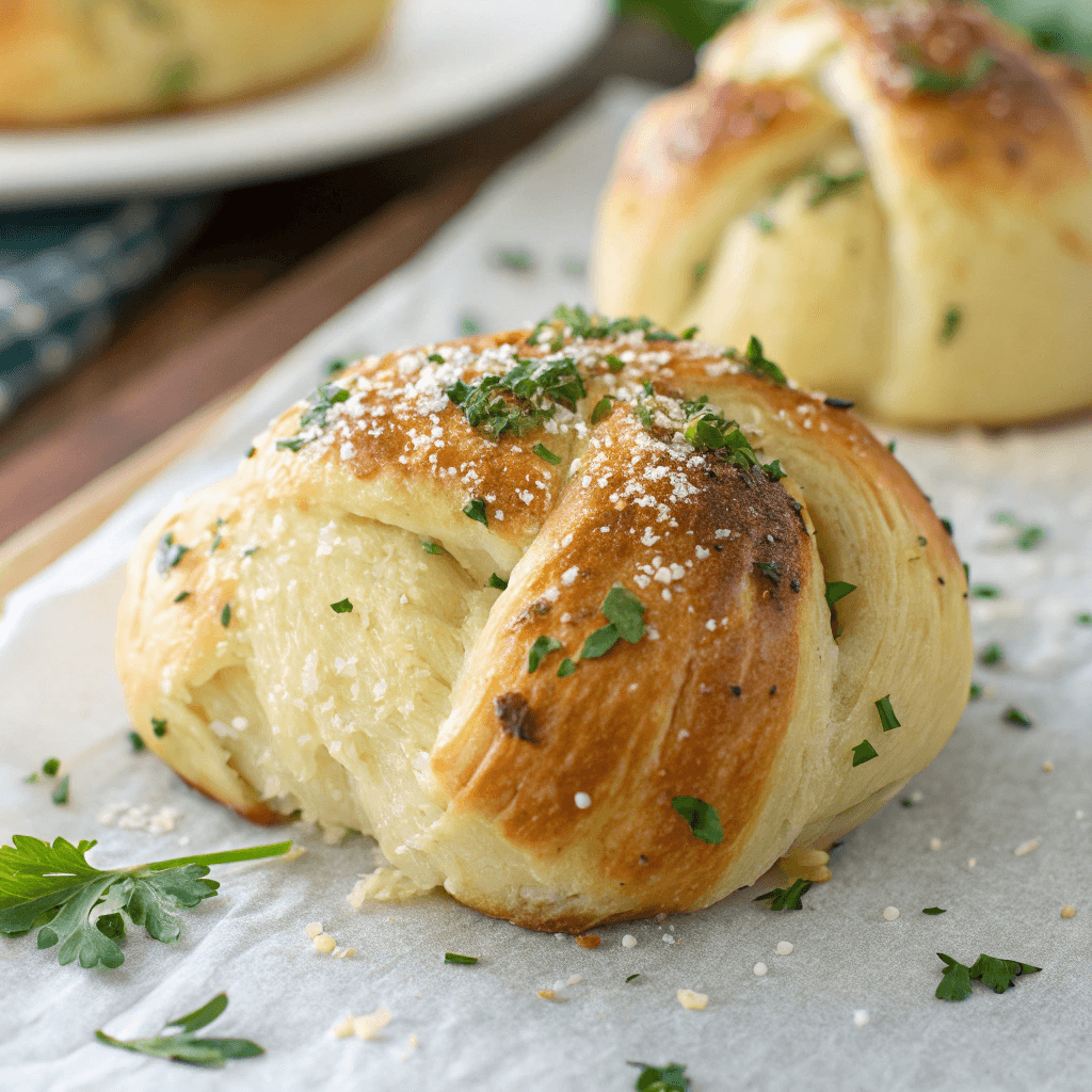 Easy Garlic Parmesan Knots Recipe - A Must Try Knots ! 3 Close-up of a garlic parmesan knot showing garlic butter, parmesan, and herb detail.