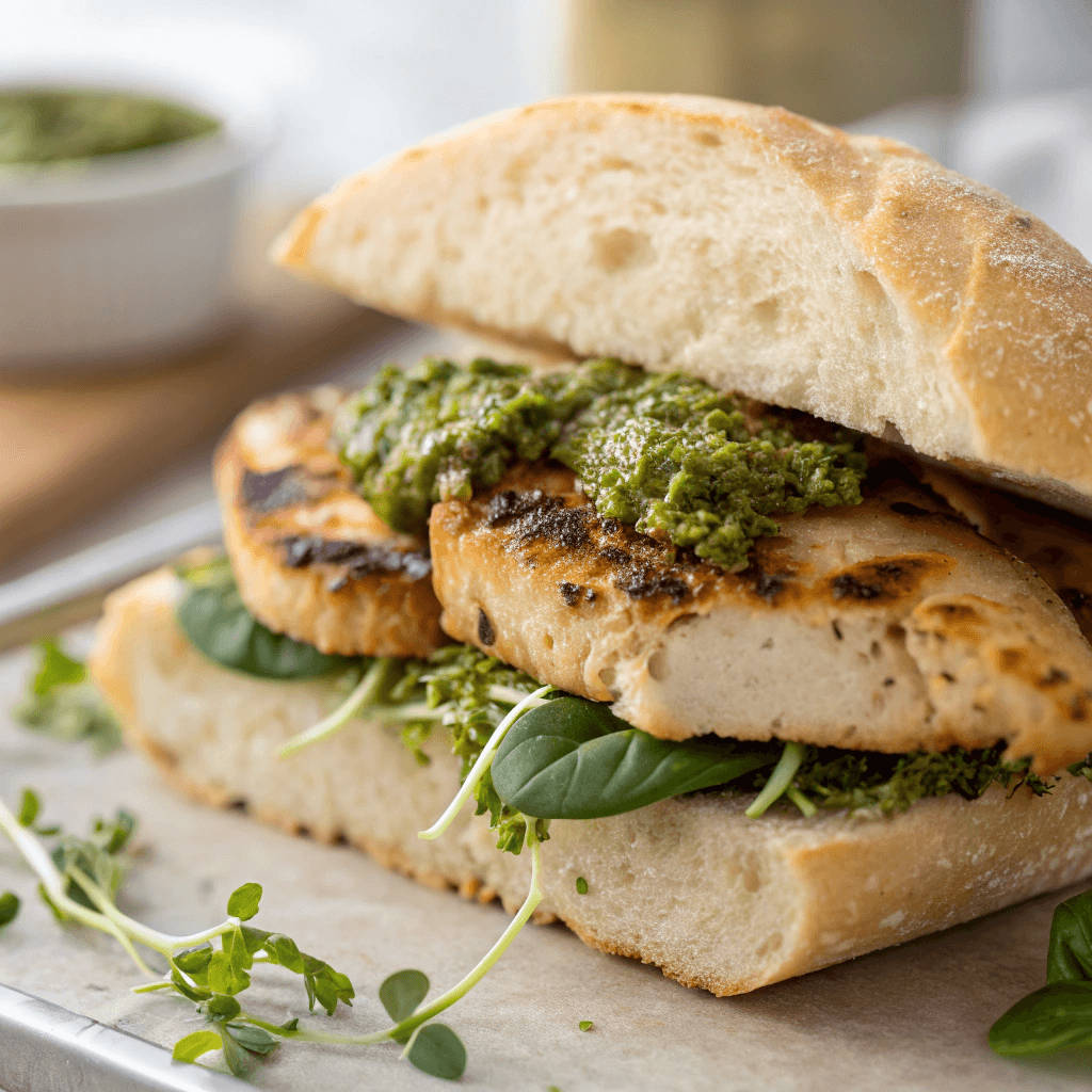 Close-up of a chicken pesto sandwich showing grilled chicken, pesto, and microgreens.