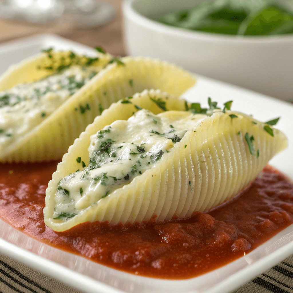 Close-up of a stuffed pasta shell showing ricotta and spinach filling with marinara sauce.