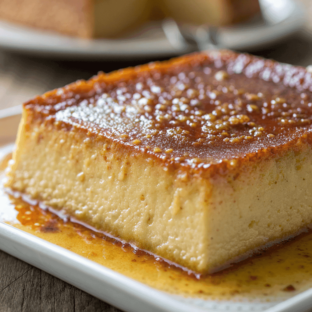 Cassava Cake Recipe for a Rich and Chewy Filipino Treat 3 close-up of cassava cake showing caramelized glossy top and dense chewy texture.