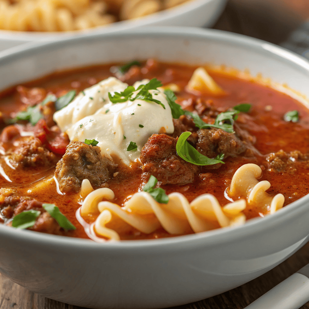Hearty Lasagna Soup: The Ultimate Comfort Food 3 Macro close-up of lasagna soup showing detailed curly noodles, ricotta, and tomato broth texture.
