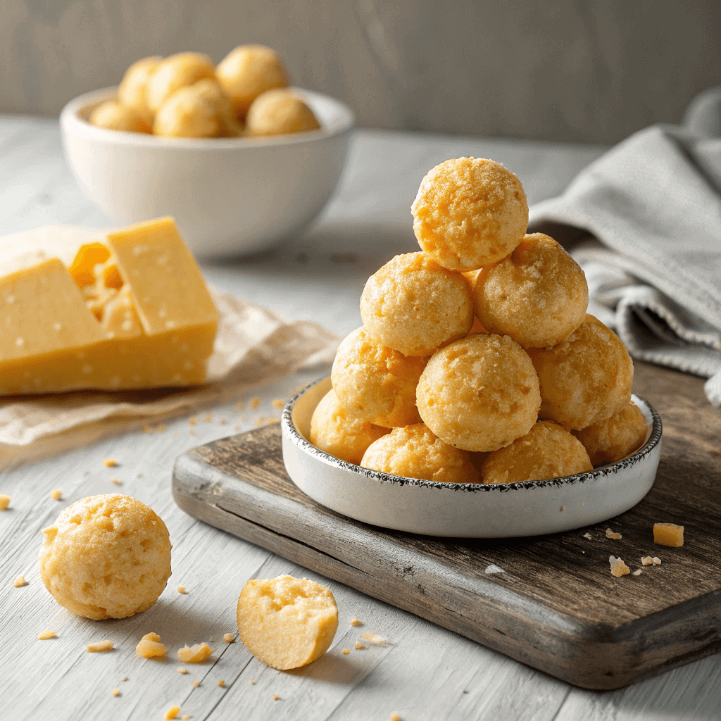 Ultimate Cheese Puffs Recipe (Gougères) 3 Hero image of golden cheese puffs stacked in the center with crisp, cheesy texture.