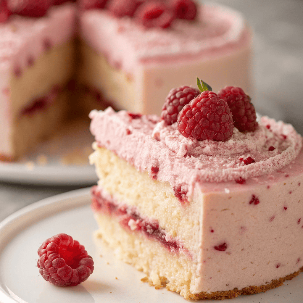 Macro shot showing the fluffy interior, pink frosting texture, and fresh raspberries of a raspberry angel cake.