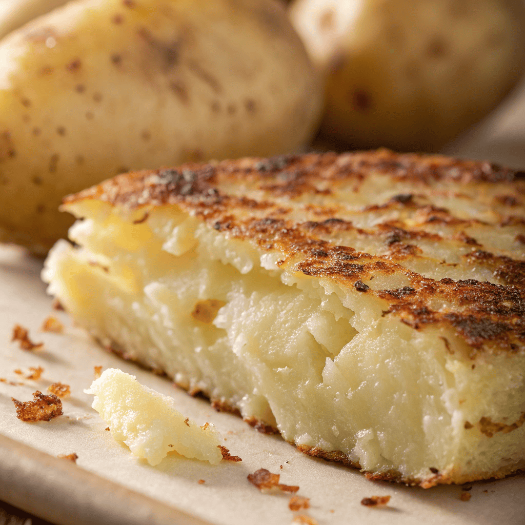 Macro shot showing the browned surface and tender interior texture of a potato farl.