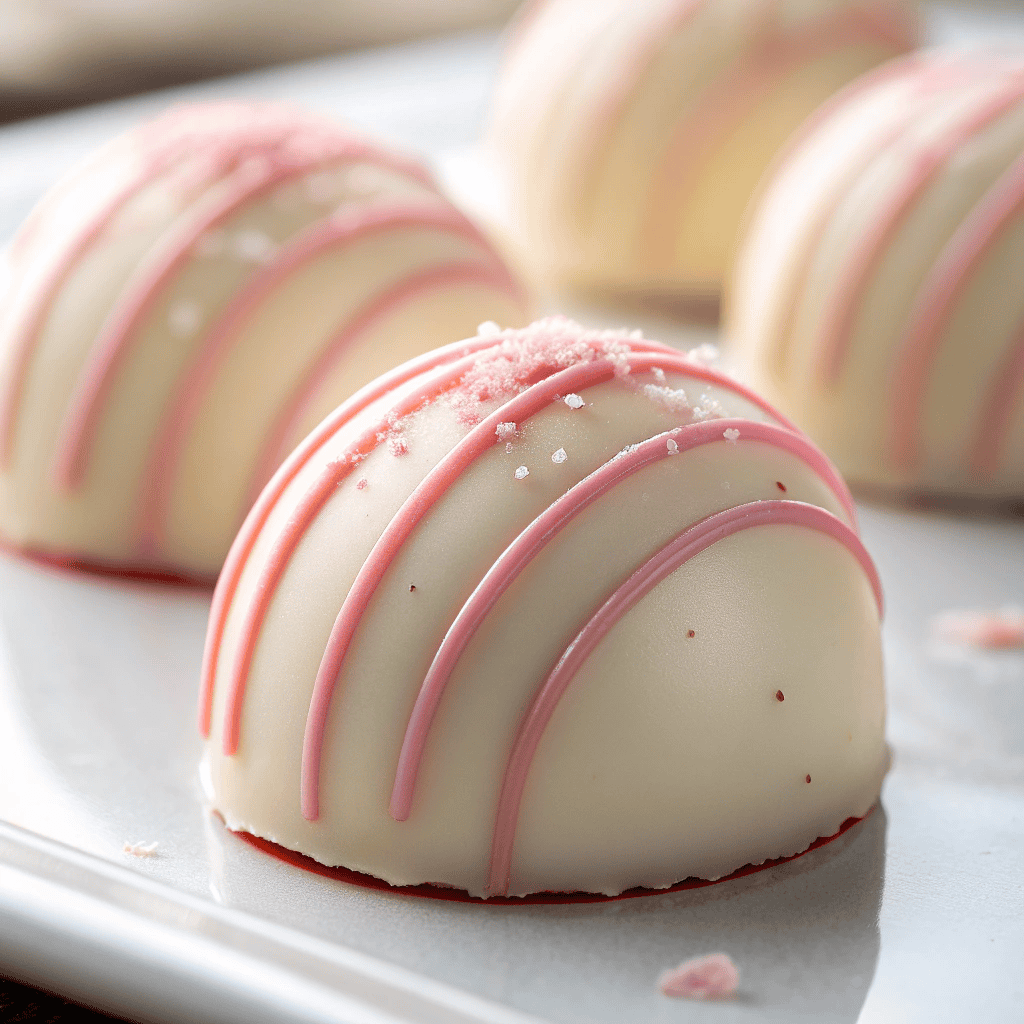 Macro shot of a white chocolate strawberry cheesecake truffle with detailed pink drizzle.