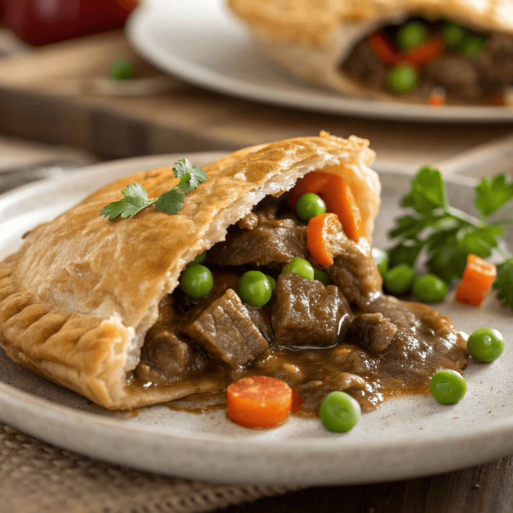 Macro view of a beef hand pie showing the flaky crust and moist beef and vegetable filling.