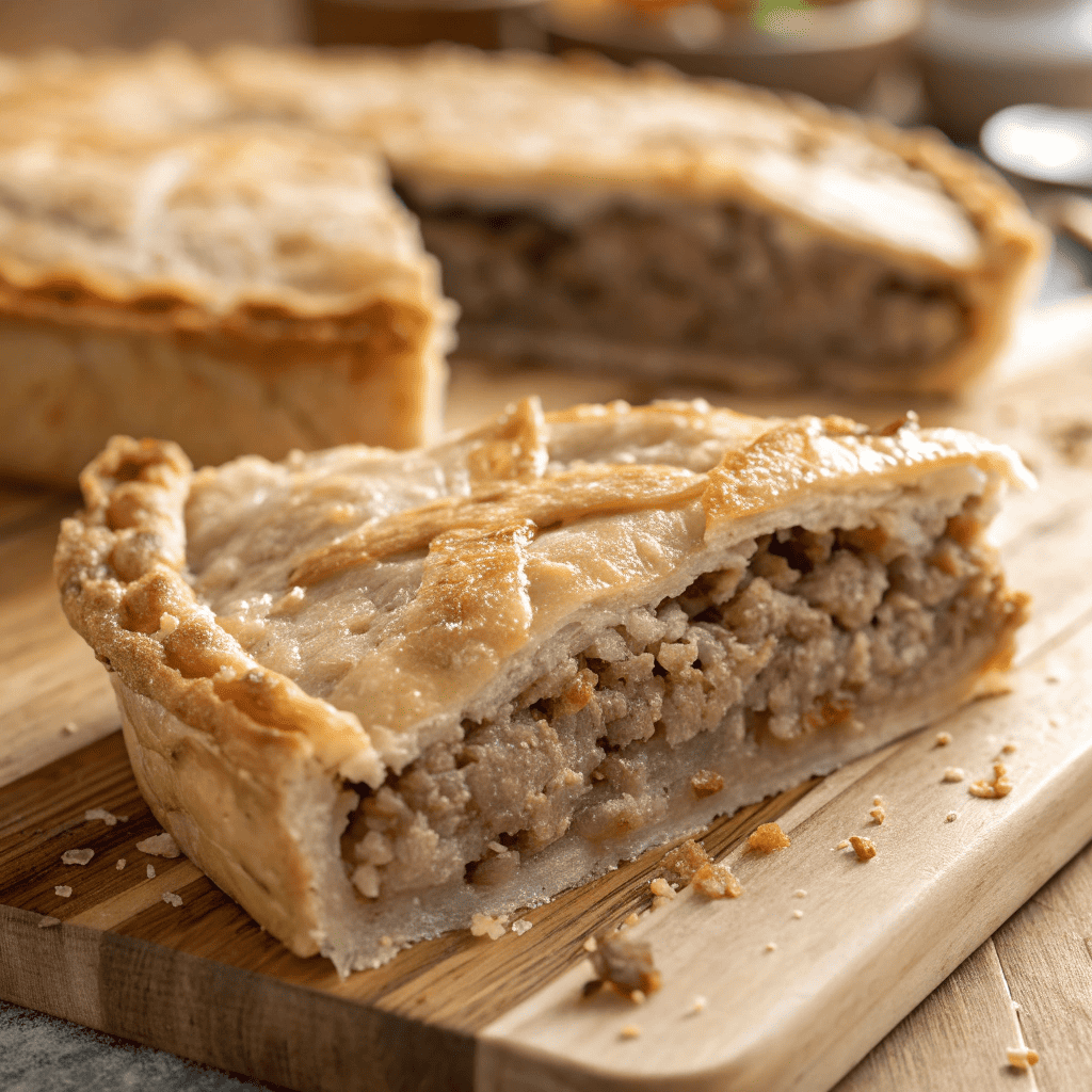 Macro close-up showing the flaky crust and moist seasoned meat filling of a French Canadian meat pie.