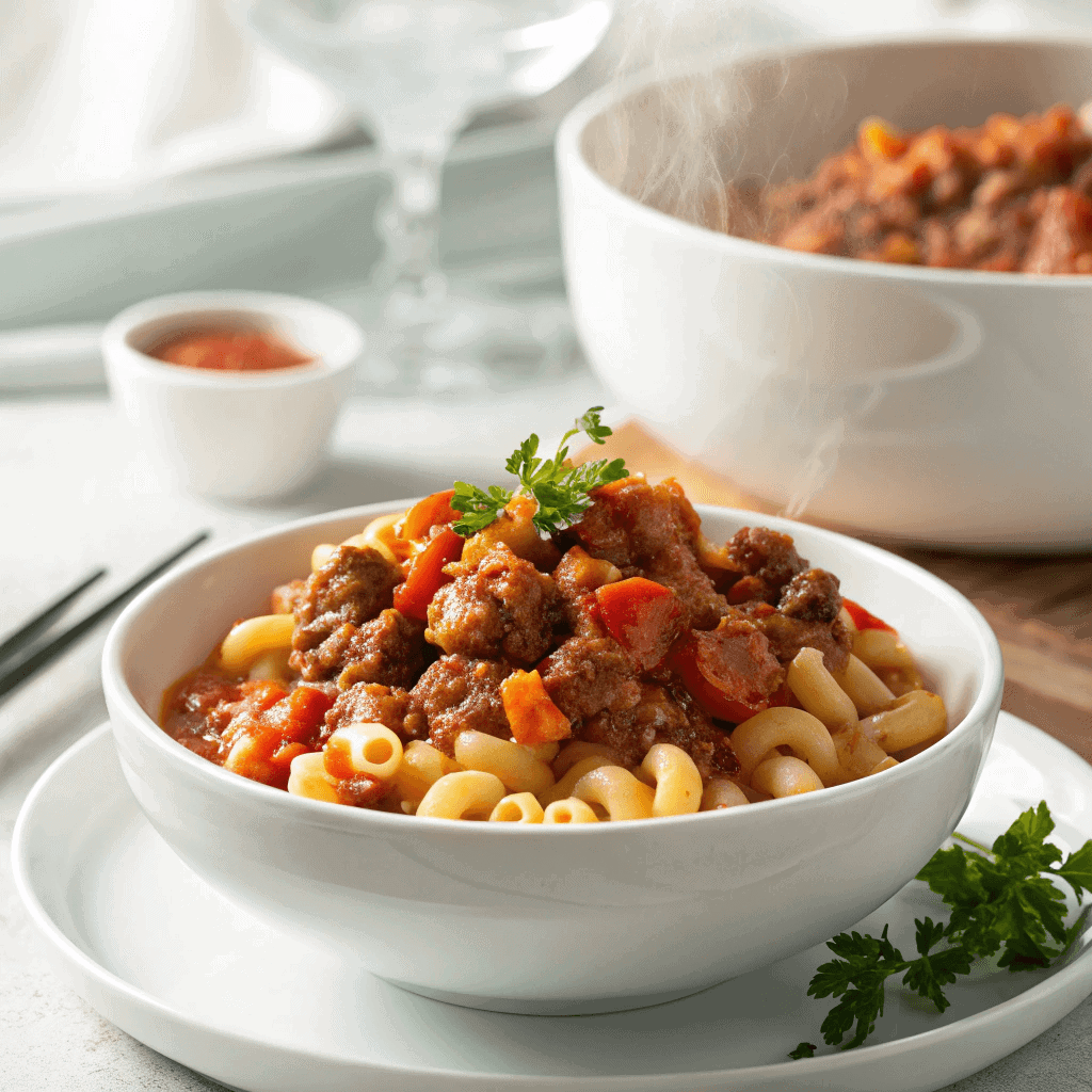 The Best One-Pot American Goulash Recipe 2 American goulash with beef, pasta, and tomato sauce served in a clean white bowl.