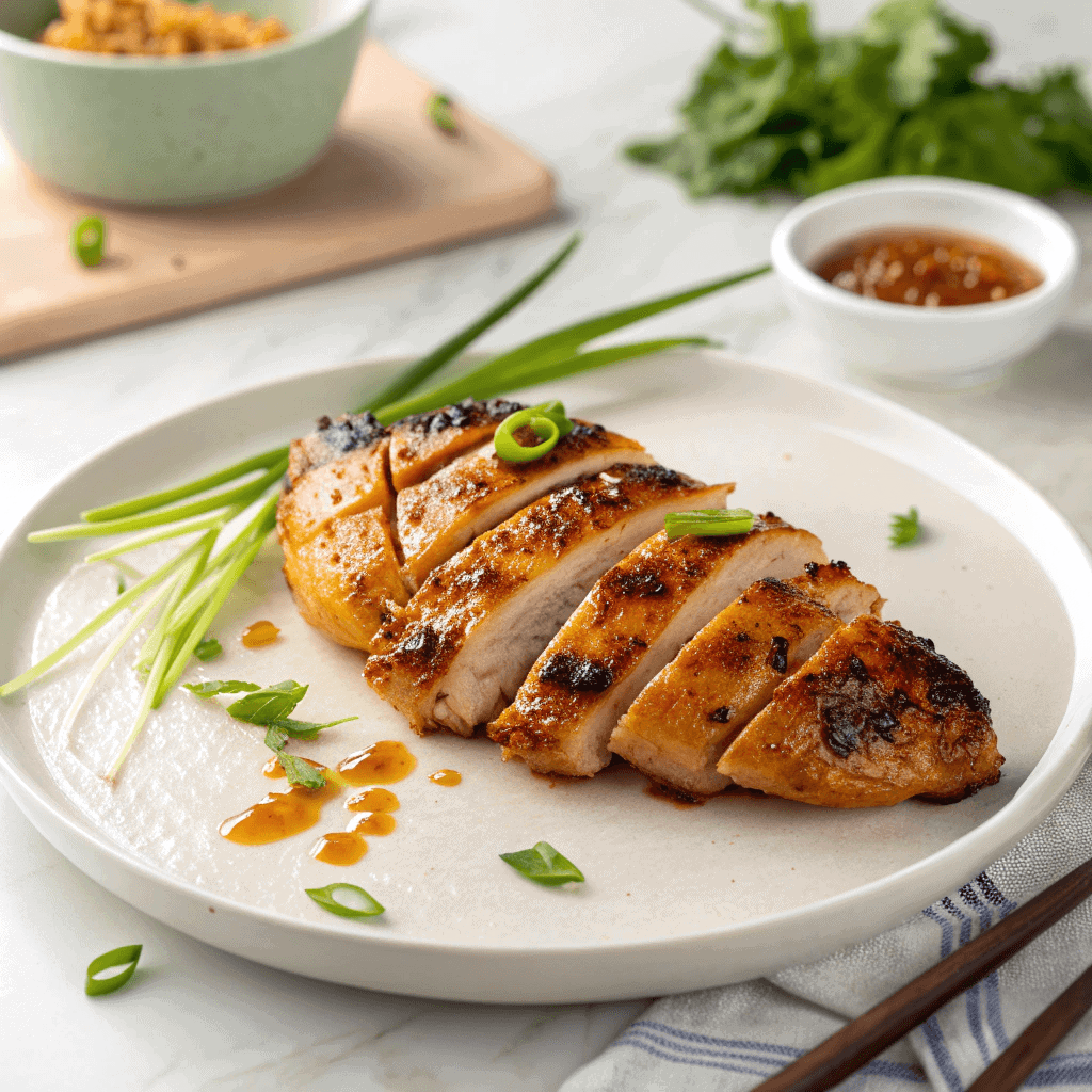 Authentic Grilled Vietnamese Chicken Recipe - A Must Try ! 1 Grilled Vietnamese chicken with char marks and scallions served on a clean white plate in bright natural light.
